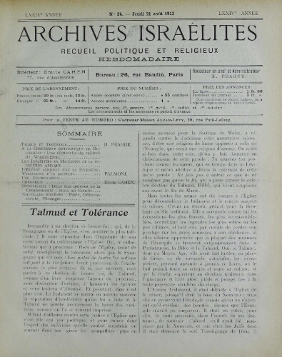 Archives israélites de France. Vol.74 N°34 (21 août 1913)